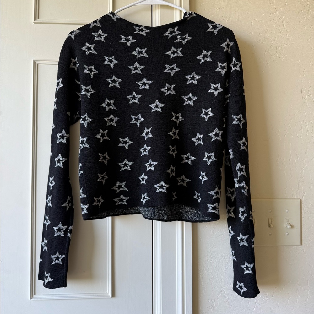 Milly Shooting Stars Black Wool Metallic Silver Long Sleeves Pullover Sweater P